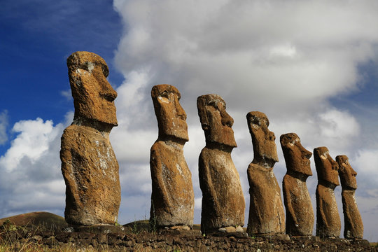 View of seven Ahu Akivi Moai