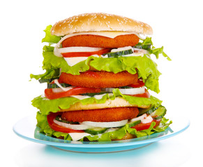 Huge burger on color plate, isolated on white