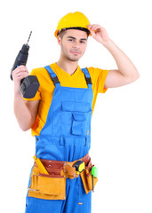 Male builder in yellow helmet isolated on white