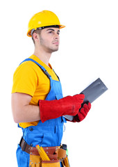 Young worker isolated on white