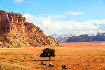 Scenic view of Wadi Rum in Jordan viewed from Lawrence's Spring