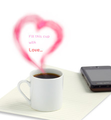 Coffee cup with love heart sign on white background