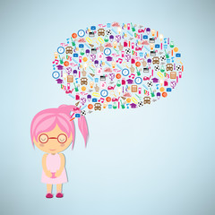 Girls think Back to School buzz words and icons forming the shap
