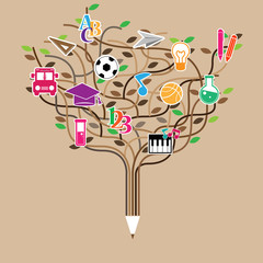 Pencil tree shaped made with school icons set illustration. Vect