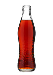 Open glass bottle with soft drink cola or soda