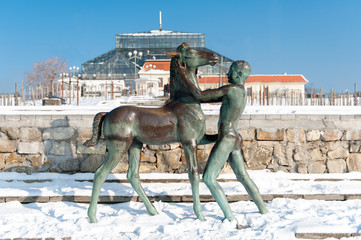 Zielona Góra Pomnik chłopca z koniem zima - obrazy, fototapety, plakaty