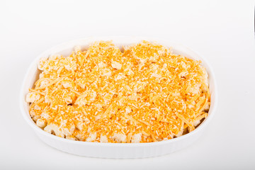 Fresh Macaroni and Cheese in Casserole Ready for Oven