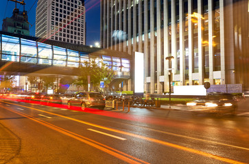 the light trails on the modern building background