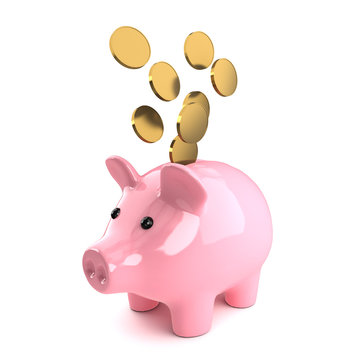 Pink piggy bank with gold coins