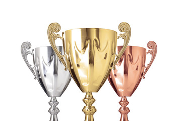 Close up golden,silver and bronze trophies isolated on white bac