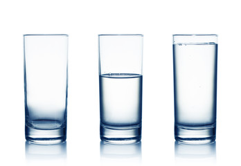 Empty,half and full water glasses . Isolated on white - obrazy, fototapety, plakaty