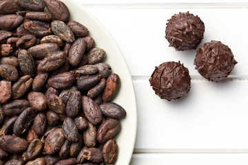 dark chocolate truffles and cocoa beans