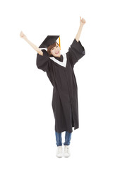 happy Young graduate girl student standing and hand up