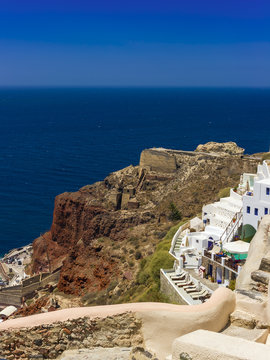 oid fortress on the red rock. Santorini, Greece