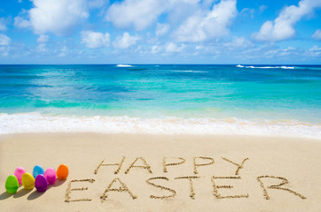 Sign "Happy Easter" with eggs on the beach