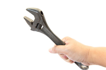 hand holds wrench  a white background