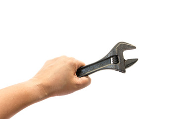hand holds wrench  a white background