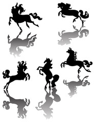 five horse silhouettes with shadows
