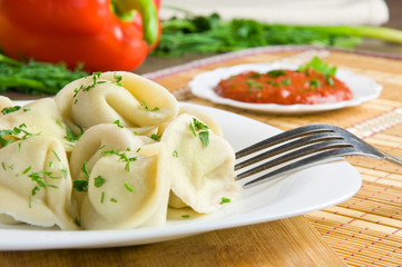 dumplings on a plate and tomato sauce