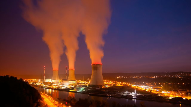Nuclear Power Station At Night Time Lapse, Zooming In