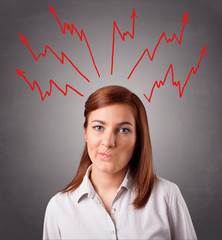 Young woman thinking with arrows overhead