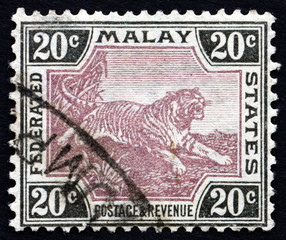 Postage stamp Malaya 1905 Tiger, Panthera Tigris, Animal