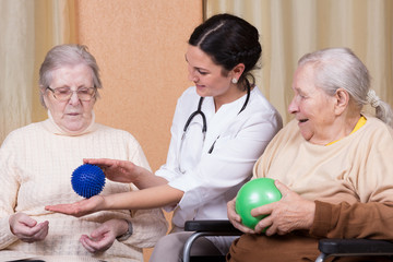 couple of senior Woman using fitness balls