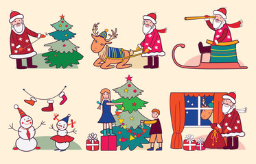 Christmas with Santa, reindeer and children (vector illustration