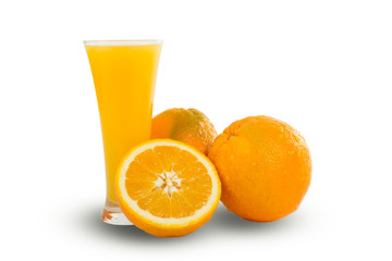 Glass of fresh orange juice with sliced oranges on white backgro