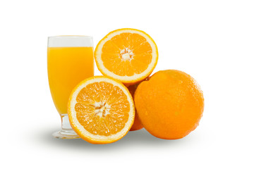 Glass of fresh orange juice with sliced oranges on white backgro
