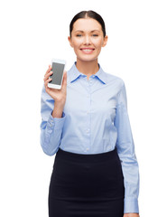 smiling businesswoman with spartphone blank screen