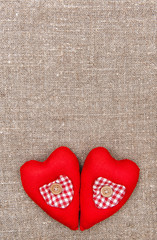 Textile hearts on the burlap