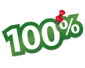 Hundred percent sticker fixed by a thumbtack. Vector illustratio