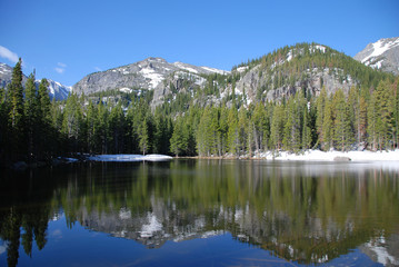 Reflection in Nymph lake, Rocky Mountain National Park, CO, USA