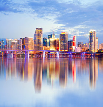 City of Miami Florida, sunset skyline.