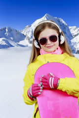 Fototapeta na wymiar Snowboard, snowboarder girl, sun and fun