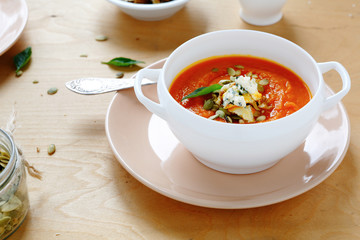pumpkin cream soup with cheese and nuts