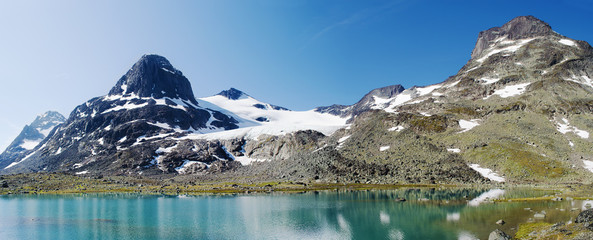 Mountain lake panorama - obrazy, fototapety, plakaty