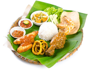 Indonesian traditional food, chicken, fish and vegetables