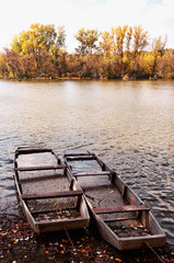 Flat boats on the backwater in autumn,Hungary