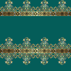 Golden seamless eastern lace pattern on turquoise