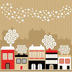 Cute christmas card with winter houses, vector