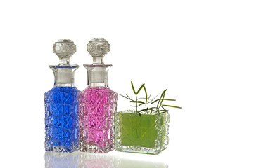 Pink blue green glass flagons
