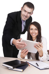 Beautiful girl and boy with pad