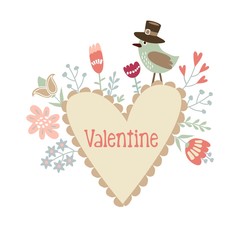 Valentine card invitation with heart, bird and flowers, vector