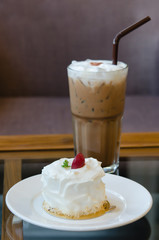 white cake and ice coffee