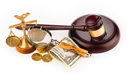 scales,gavel,  money and magnifying glass