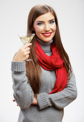 Woman drink, wine glass. Isolated studio portrait.