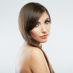 Woman face with hair motion on white background