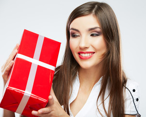 Young woman portrait hold christmas gift.